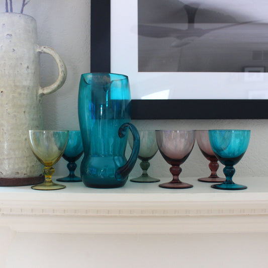 Vintage Colorful Glass Pitcher and Stemware Set