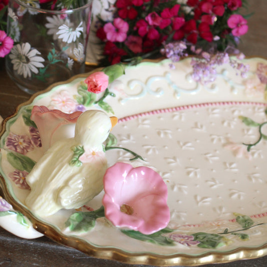 Vintage Floral Serving Tray with Duck